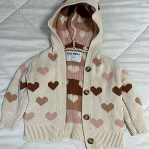 Old navy lil girls hooded sweater jacket  with hearts on it button up .